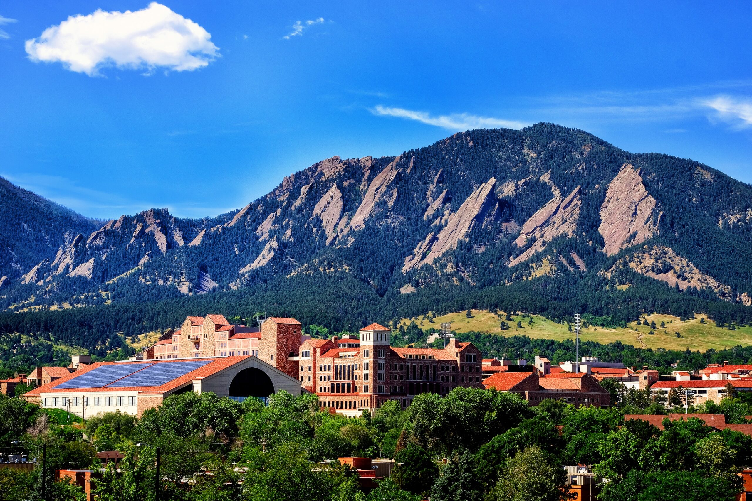 University of Colorado Boulder with Flatirons behind – mold testing service area